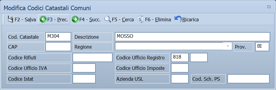Maschera Codici catastali comuni