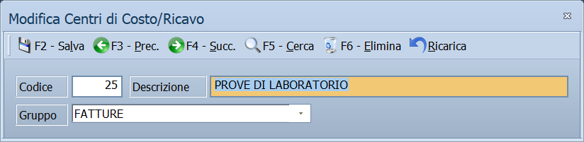 Maschera Centri di costo/ricavo