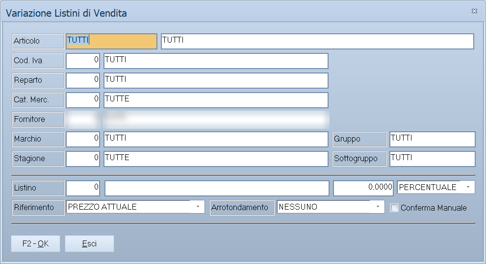 Variazione listini di vendita